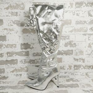 NEW Wild Diva Lounge Shaya Silver Pointy Toe High Heeled Over-the-knee Boot i341